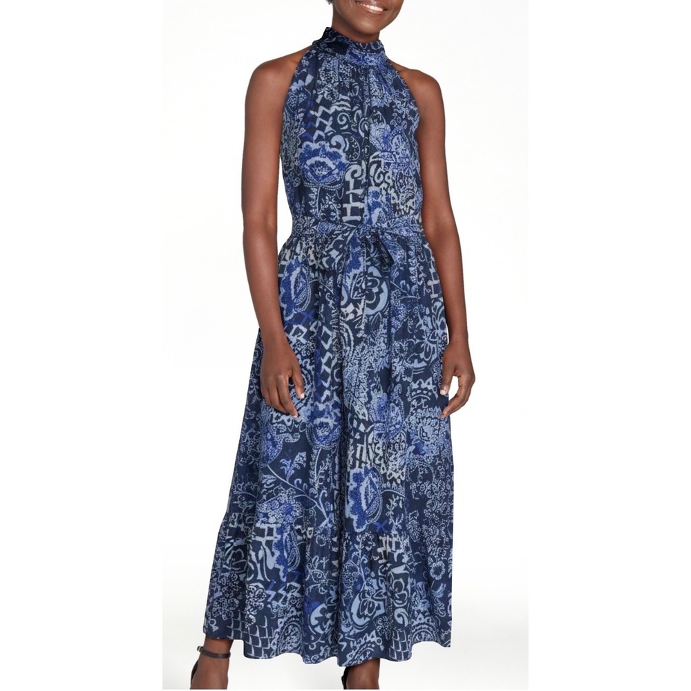 Faded Glory Womens Blue Paisley Halter Maxi Dress XS Sleeveless Tiered Pockets